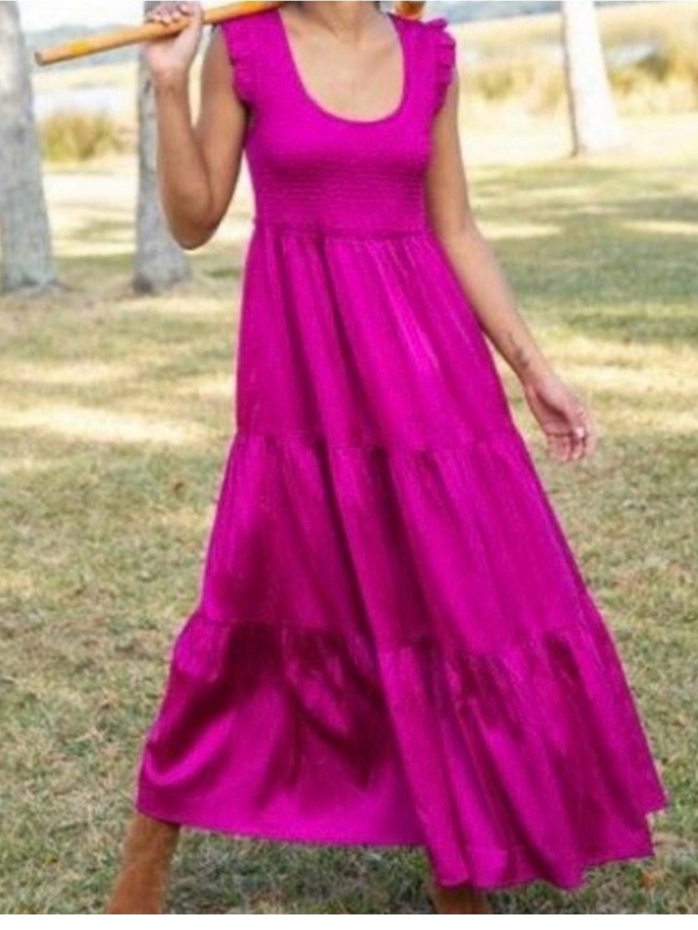 NATURAL LIFE Olivia Magenta Smocked Bodice Tiered Satin Midi, Size Medium, NWT!